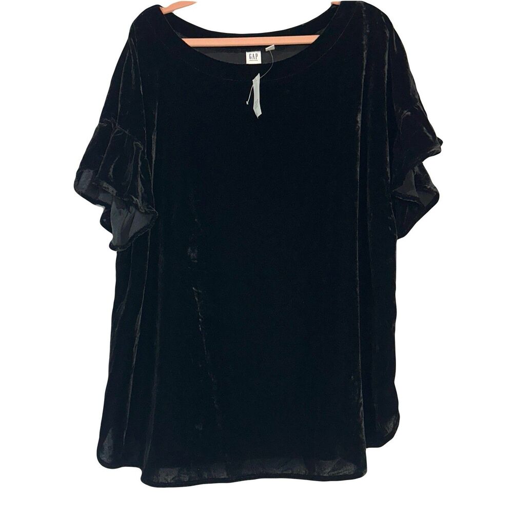 GAP Women’s Black Velvet Top Size XL Ruffle Short Sleeve Blouse NWT